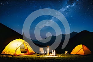 Summer camping in the mountains. Tents in the night with the starry sky and clouds in the background.