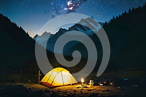 Summer camping in the mountains. Tents in the night with the starry sky and clouds in the background.