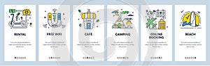 Summer camping outdoor activity. Campsite with tents, wifi, cafe. Mobile app screens, vector website banner template.
