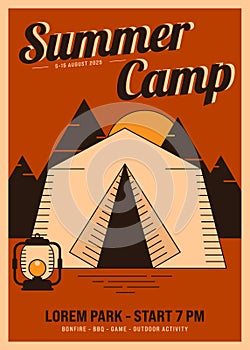 Summer camping poster template design with camping tent vintage retro style