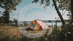 summer camping site with one orange tent near summer lake, neural network generated picture