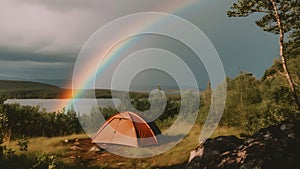 summer camping site with one orange tent near summer lake and a rainbow in the sky, neural network generated picture