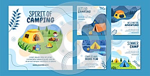 Summer Camping Social Media Post Template Flat Cartoon Background Vector Illustration