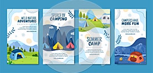 Summer Camping Social Media Stories Template Flat Cartoon Background Vector Illustration