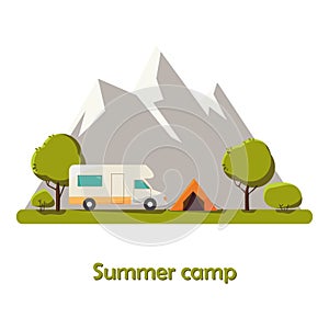 Summer camping Sunny day landscape illustration in flat style with tent, campfire, mountains, forest. Background for summer camp,
