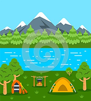 Summer camping tourism flat background