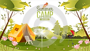 Summer camping vector background with tent, chair, brazier, trees and flowers.