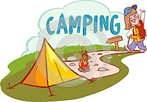 Summer camping vector cartoon illustration. Adventures, travel and ecotourism concept