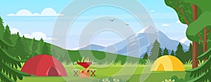 Summer camping vector illustration. Cartoon flat tourist camp with picnic spot and tent among forest, mountain landscape