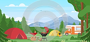 Summer camping vector illustration. Outdoor nature adventure, active tourism in summertime background. Cartoon flat