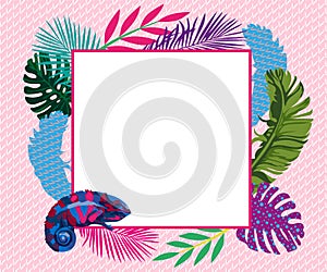 Summer card with chameleon and tropical leaves background, exotic floral design for banner, flyer, invitation, poster, web site or