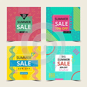 Summer Card Collection with Memphis Style colorful Background. Can be use for greeting and invitation card, flyer, poster, backgro