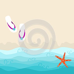 Summer card design with flip flop and orange color starfish on the sandy beach