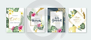 Summer card design. Save the date. Exotic tropic palm leaves and flowers. Invitation, poster, cover template. Geometric