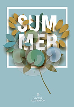 Summer card with elements of plants on blue background.