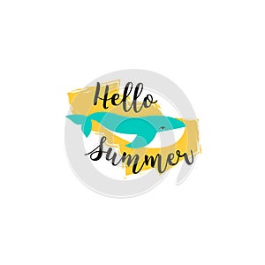 Summer card with hand drawn brush lettering. Summer background with calligraphic design elements, vector illustration