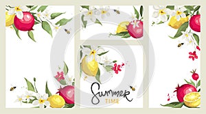 Summer card with jasmine flowers, lemons, pomegranate branches and bees.