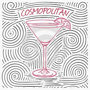 Summer Card With The Lettering - Cosmopolitan. Handwritten Swirl Pattern With Cocktail In Glass.