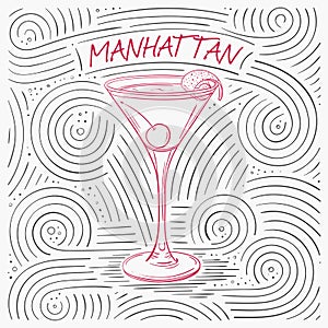 Summer Card With The Lettering - Manhattan. Handwritten Swirl Pattern With Cocktail In Glass.