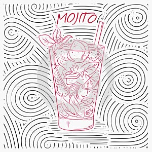 Summer Card With The Lettering - Mojito. Handwritten Swirl Pattern With Cocktail In Glass.