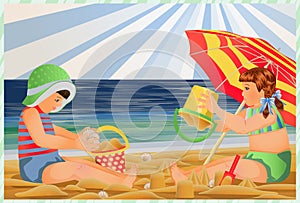 Summer card, little boy and girl building sandcastles on the beach