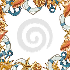 Summer Card with Sea Shells, Anchor, Lifeline