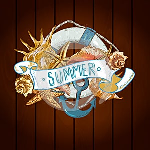 Summer Card with Sea Shells, Anchor, Lifeline