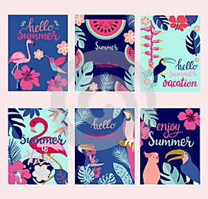 Summer card set, elements with quotes, calligraphy, flowers, birds