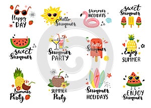 Summer card set with holiday elements and calligraphy quotes- sun, watermelon, ice cream