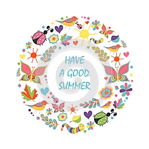 Summer card in the shape floral wreath on white background