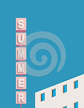 Summer card template with motel sign and building facade in soft bright pastel colors. Holiday or vacation poster.