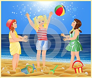 Summer card. three little girls playing ball on the beach