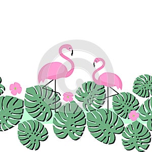 Summer card with tropical palm leaves and flamingo. Seamless tape design.