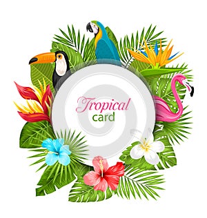 Summer Card With Tropical Plants, Hibiscus, Plumeria, Flamingo, Parrot, Toucan