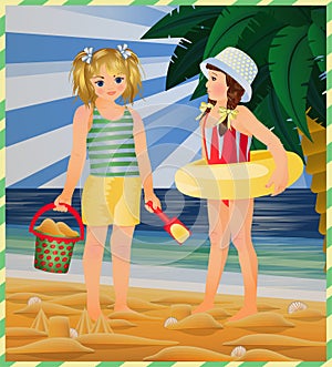 Summer card, two little girls on the beach