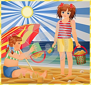 Summer card, two little girls on the beach. vector