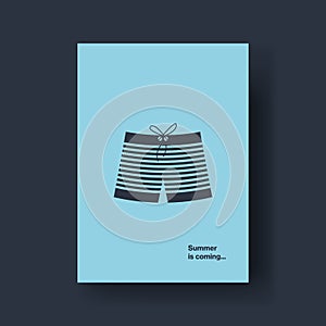 Summer card vector template with minimal design illustration. Symbol of vacation, relax. Male retro swim shorts.