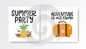 Summer cards set. Colorful posters with hand lettering. Summer vacation banners collection with hand drawn tropical