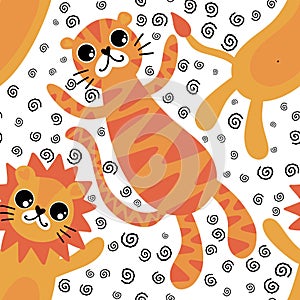 Summer cartoon animals seamless lion and tiger pattern for wrapping paper and fabrics and kids party accessories