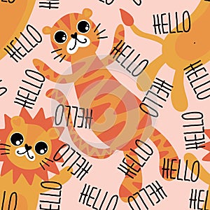 Summer cartoon animals seamless lion and tiger pattern for wrapping paper and fabrics and kids party accessories