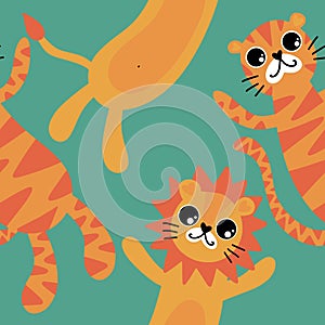 Summer cartoon animals seamless lion and tiger pattern for wrapping paper and fabrics and kids party accessories