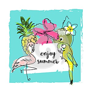 Summer cartoon doodle hand drawn tropical vector elements