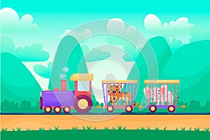 Summer cartoon landscape with animals riding raiway train. Circus animals transportation.