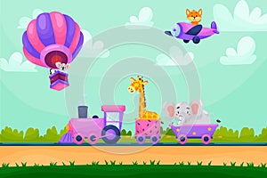 Summer cartoon landscape with animals riding raiway train.