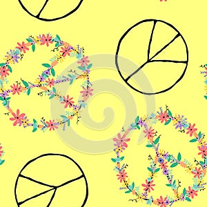 Summer cartoon seamless peace sign and flower pattern for wrapping paper and fabrics and linens