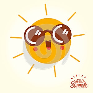 Summer cartoon sun face with sunglasses and happy smile