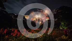Summer celebration ignites vibrant firework display in nature landscape generated by AI