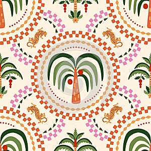 Summer ceramic tile pattern with tropical palm tree, leopard, checkered round elements. Cute vector jungle print photo