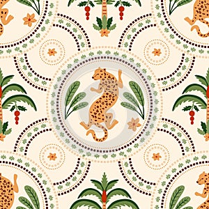 Summer ceramic tile pattern with tropical palm tree, leopard, checkered round elements. Vector cute jungle print photo