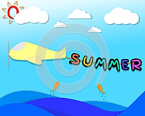 Summer character hang on the rope that bind be hide the airplane. airplane flying over the sea in the sky with cloud and sun .